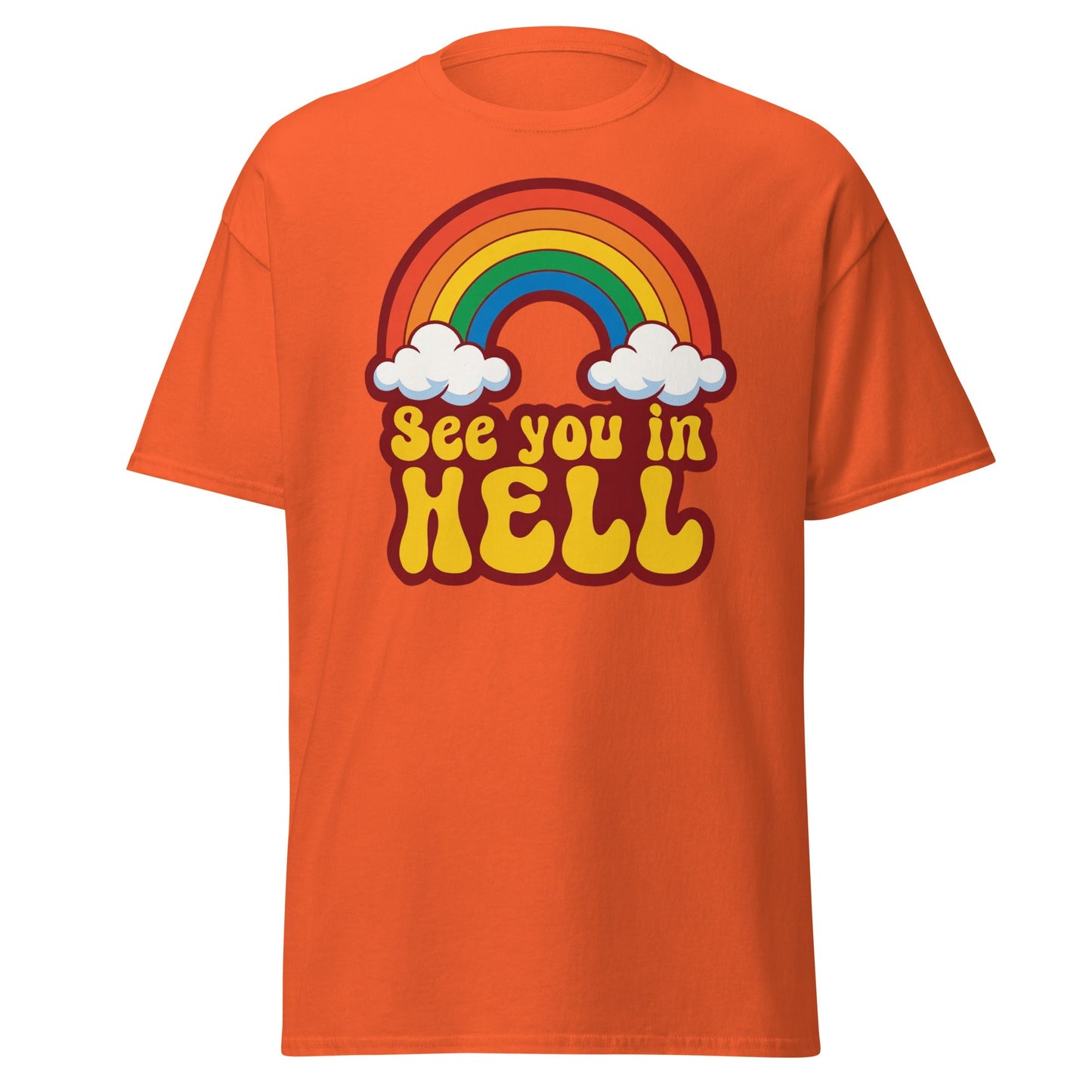 See You In Hell T-Shirt Retro Rainbow Graphic Tee - Orange - T-Shirts Online