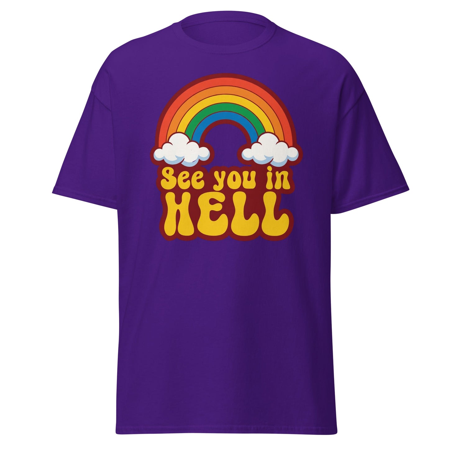 See You In Hell T-Shirt Retro Rainbow Graphic Tee - Purple - T-Shirts Online