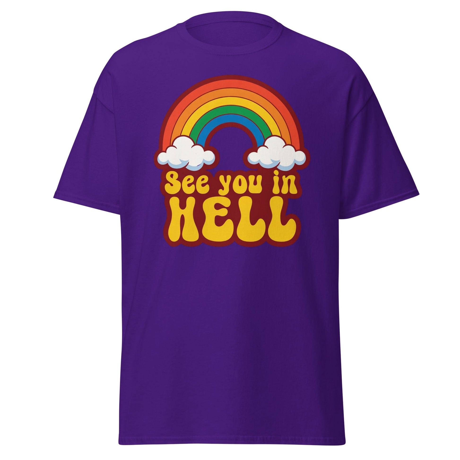 See You In Hell T-Shirt Retro Rainbow Graphic Tee - Purple - T-Shirts Online