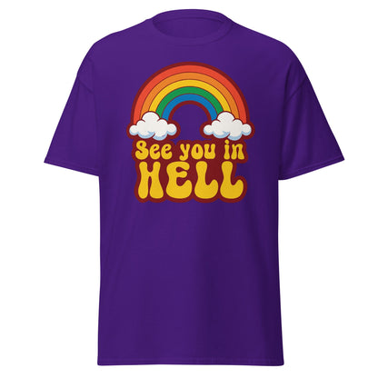 See You In Hell T-Shirt Retro Rainbow Graphic Tee - Purple - T-Shirts Online
