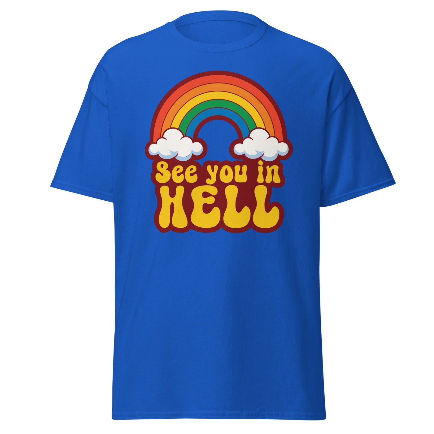 See You In Hell T-Shirt Retro Rainbow Graphic Tee - Royal - T-Shirts Online