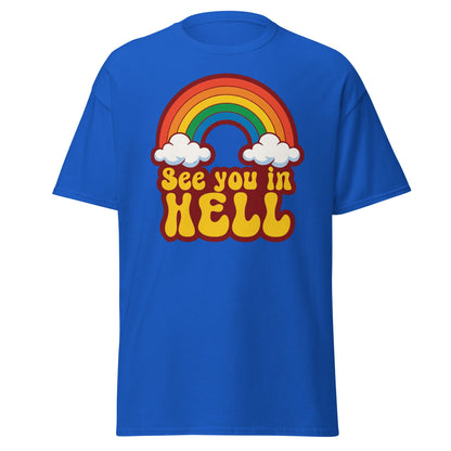 See You In Hell T-Shirt Retro Rainbow Graphic Tee - Royal - T-Shirts Online