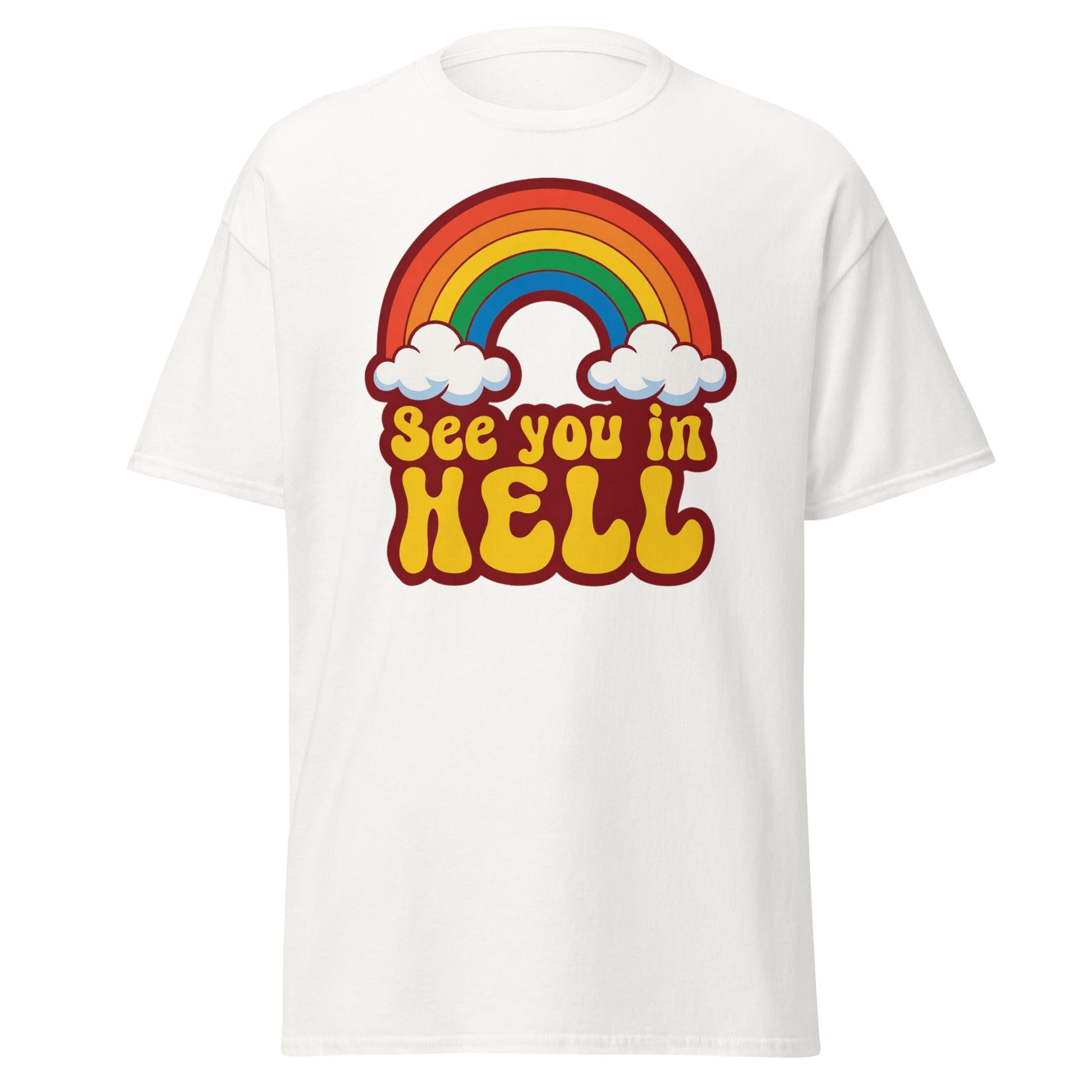 See You In Hell T-Shirt Retro Rainbow Graphic Tee - White - T-Shirts Online