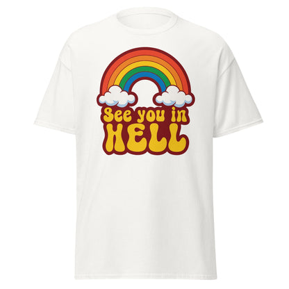 See You In Hell T-Shirt Retro Rainbow Graphic Tee - White - T-Shirts Online
