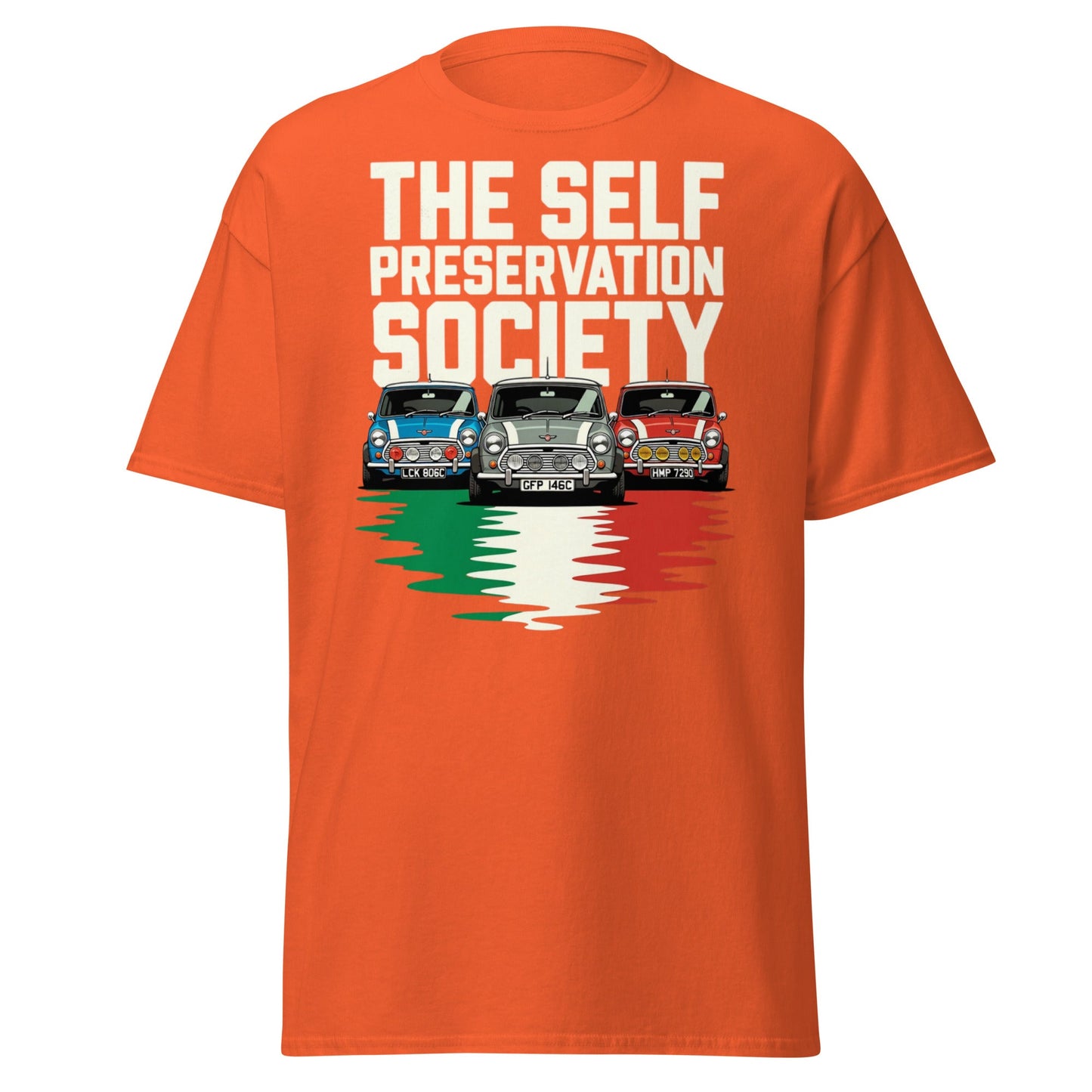 Self Preservation Society T-Shirt - Classic British Icon Tee - Orange - T-Shirts Online