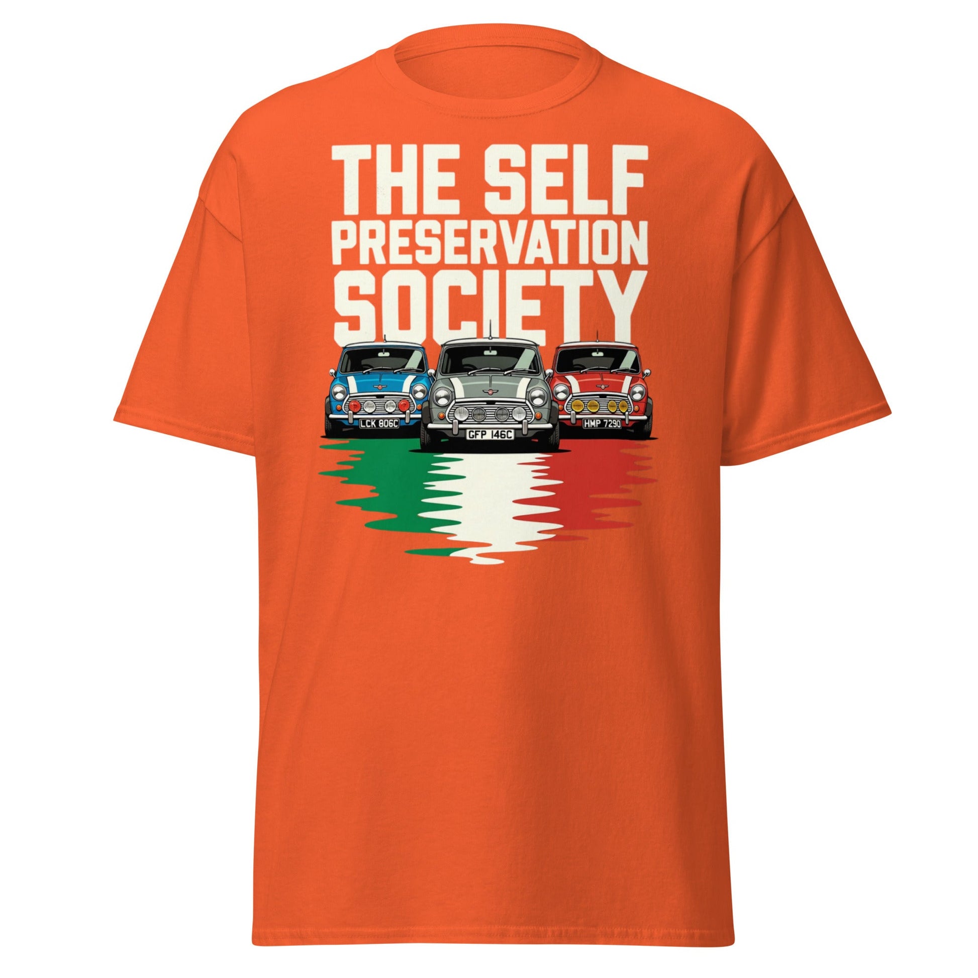 Self Preservation Society T-Shirt - Classic British Icon Tee - Orange - T-Shirts Online