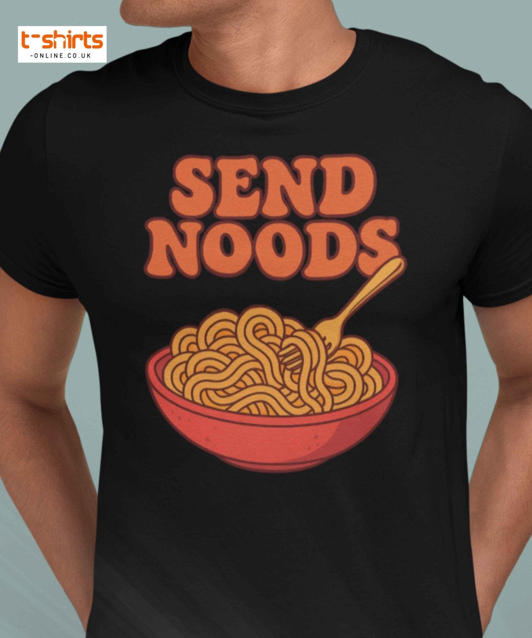 Black t-shirt with 'SEND NOODS' graphic design featuring a bowl of noodles and a spoon.