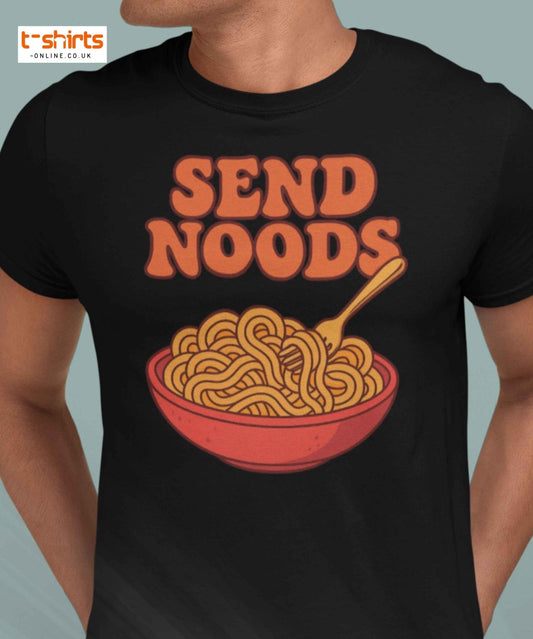 Black t-shirt with 'SEND NOODS' graphic design featuring a bowl of noodles and a spoon.