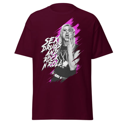 Sex Drugs and Rock N Roll T-Shirt | Women's Graphic Tee - Maroon - T-Shirts Online