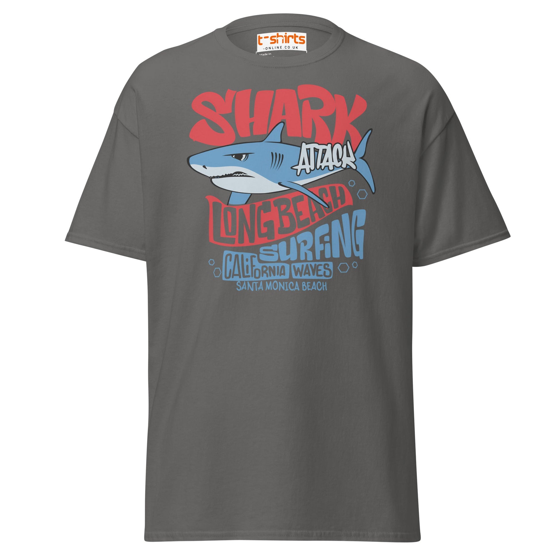 Shark Attack Surfing T-Shirt | Long Beach Tee - Charcoal - T-Shirts Online