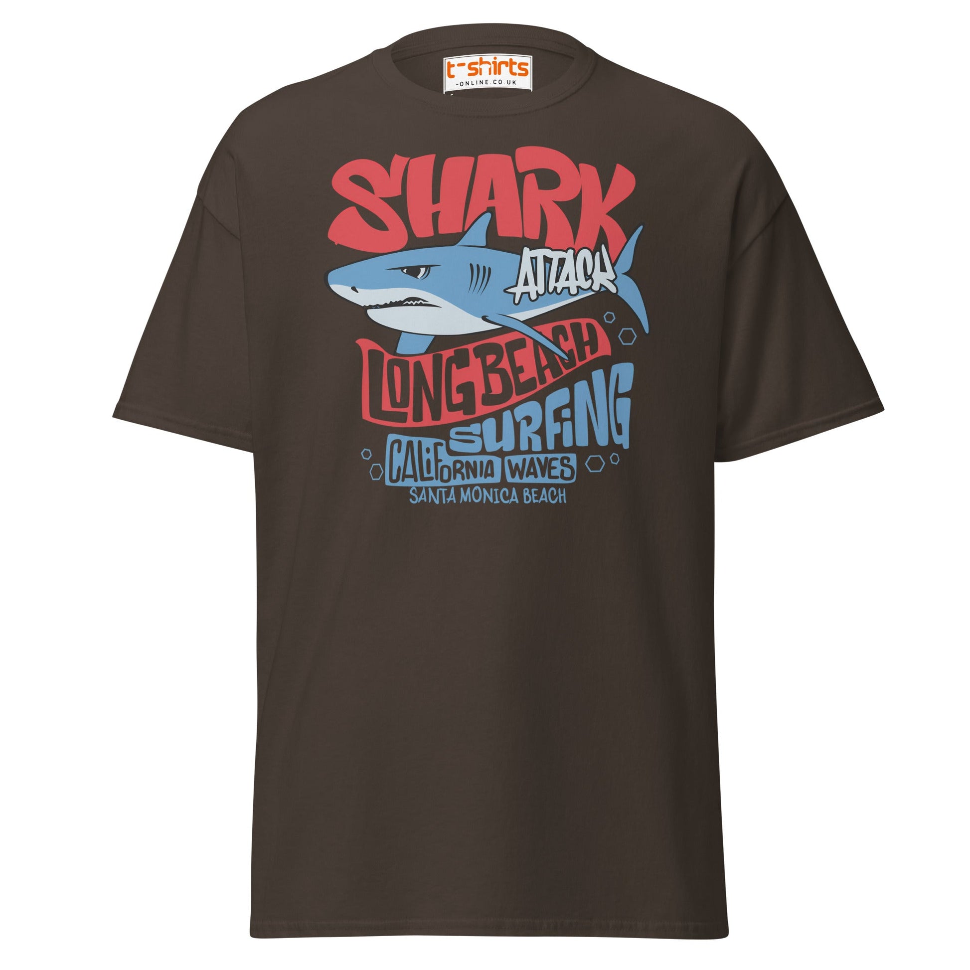 Shark Attack Surfing T-Shirt | Long Beach Tee - Dark Chocolate - T-Shirts Online