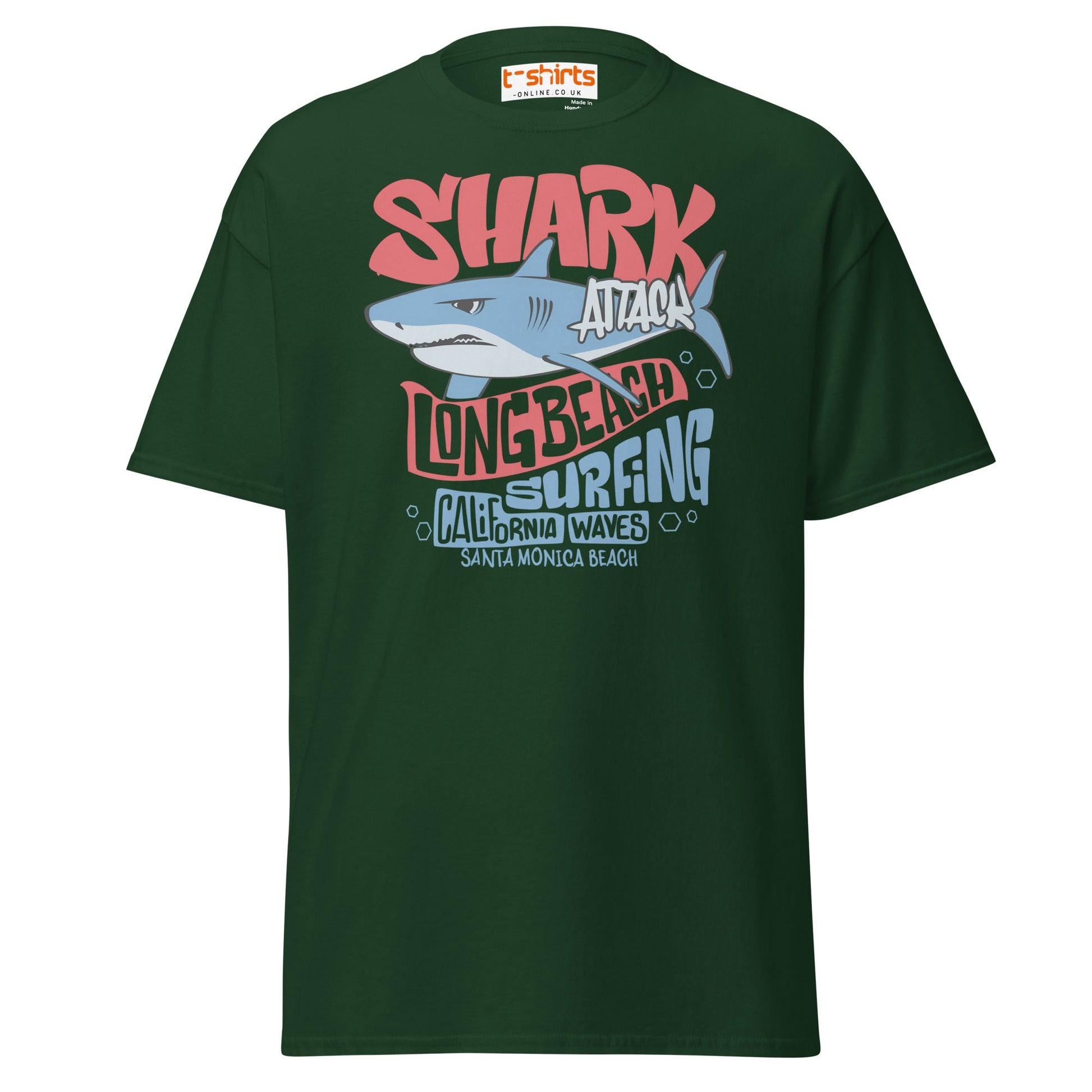 Shark Attack Surfing T-Shirt | Long Beach Tee - Forest Green - T-Shirts Online