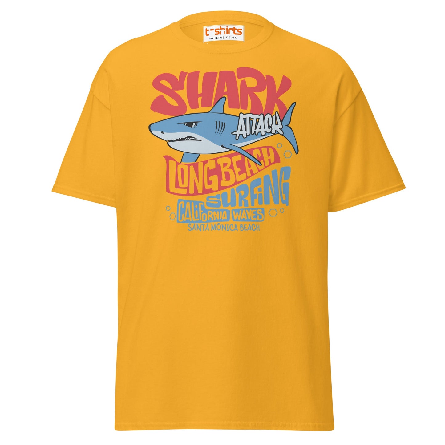 Shark Attack Surfing T-Shirt | Long Beach Tee - Gold - T-Shirts Online