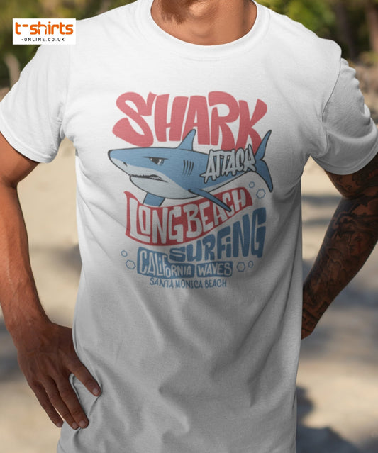 Shark Attack Surfing T-Shirt | Long Beach Tee - Maroon - T-Shirts Online