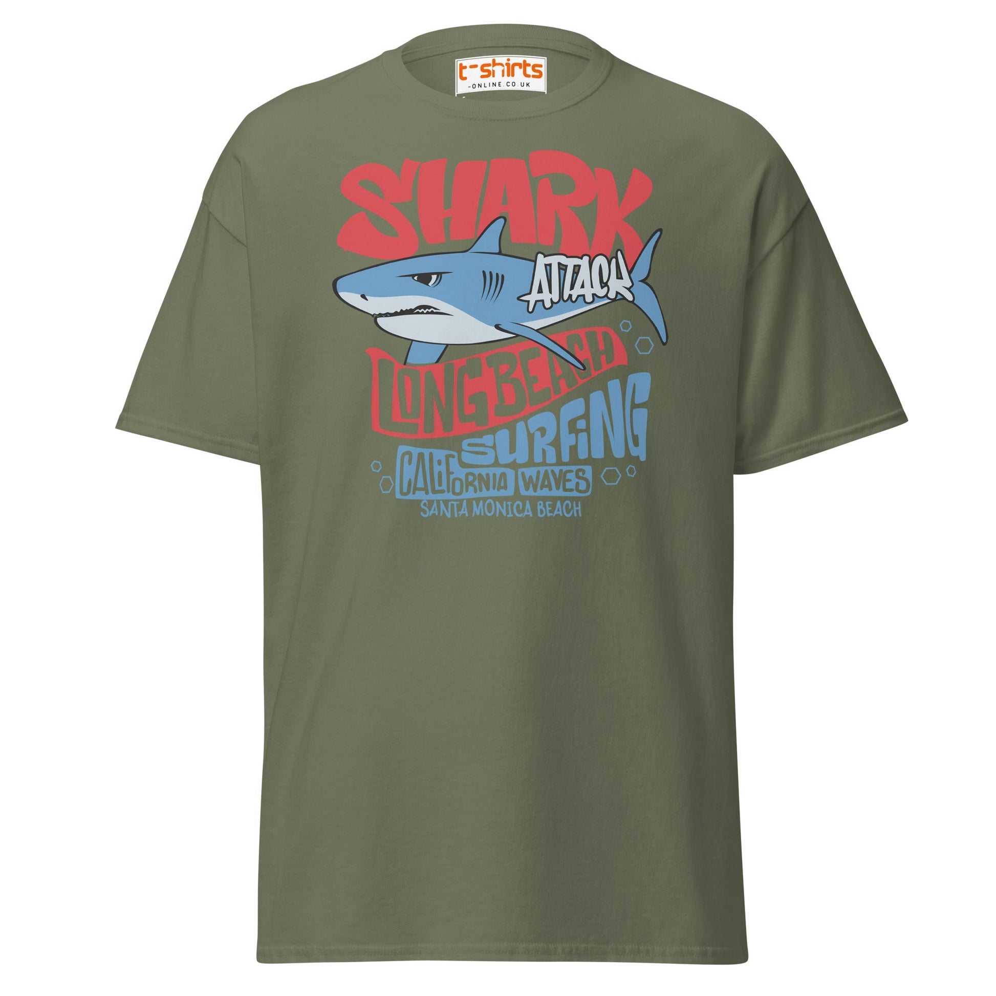 Shark Attack Surfing T-Shirt | Long Beach Tee - Military Green - T-Shirts Online