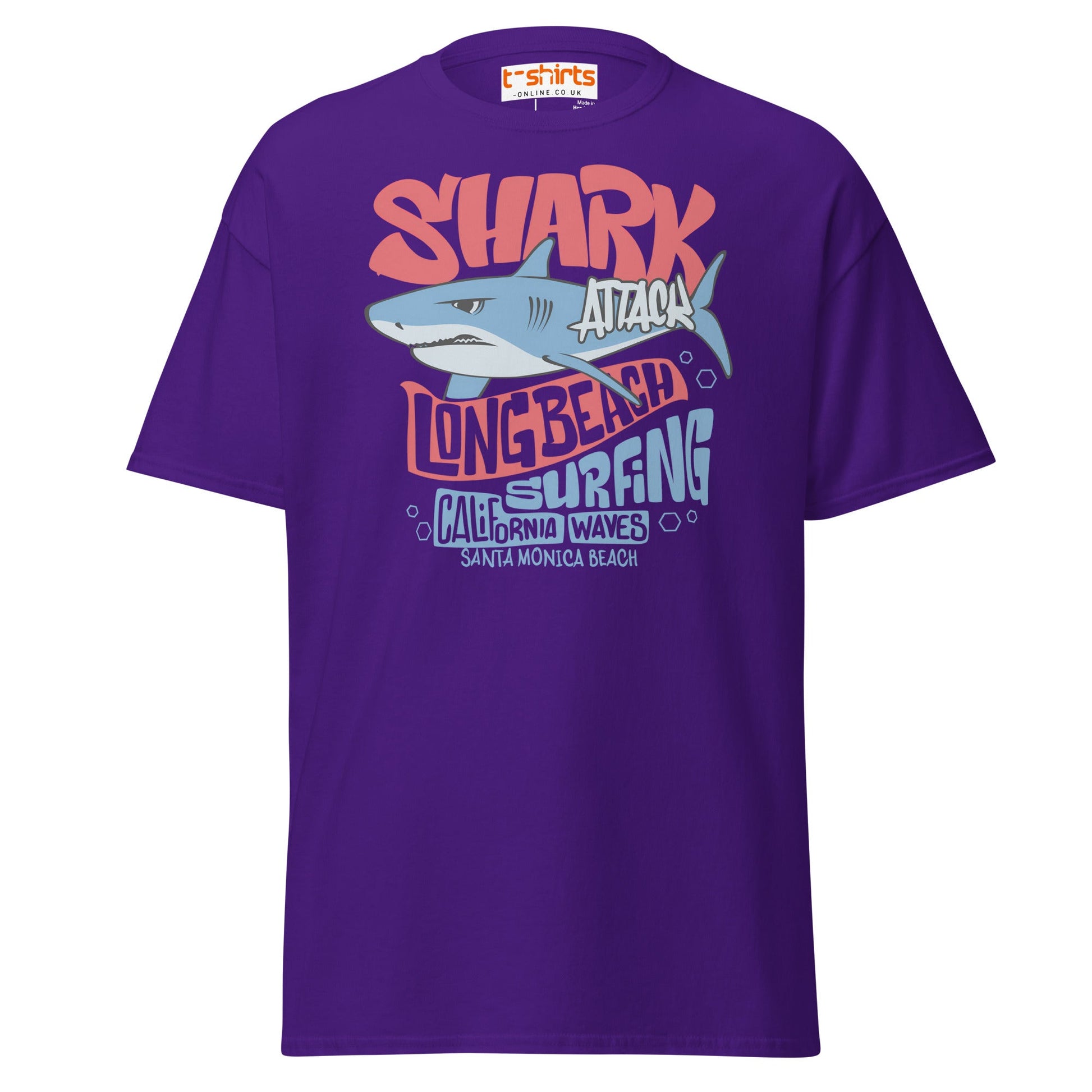 Shark Attack Surfing T-Shirt | Long Beach Tee - Purple - T-Shirts Online