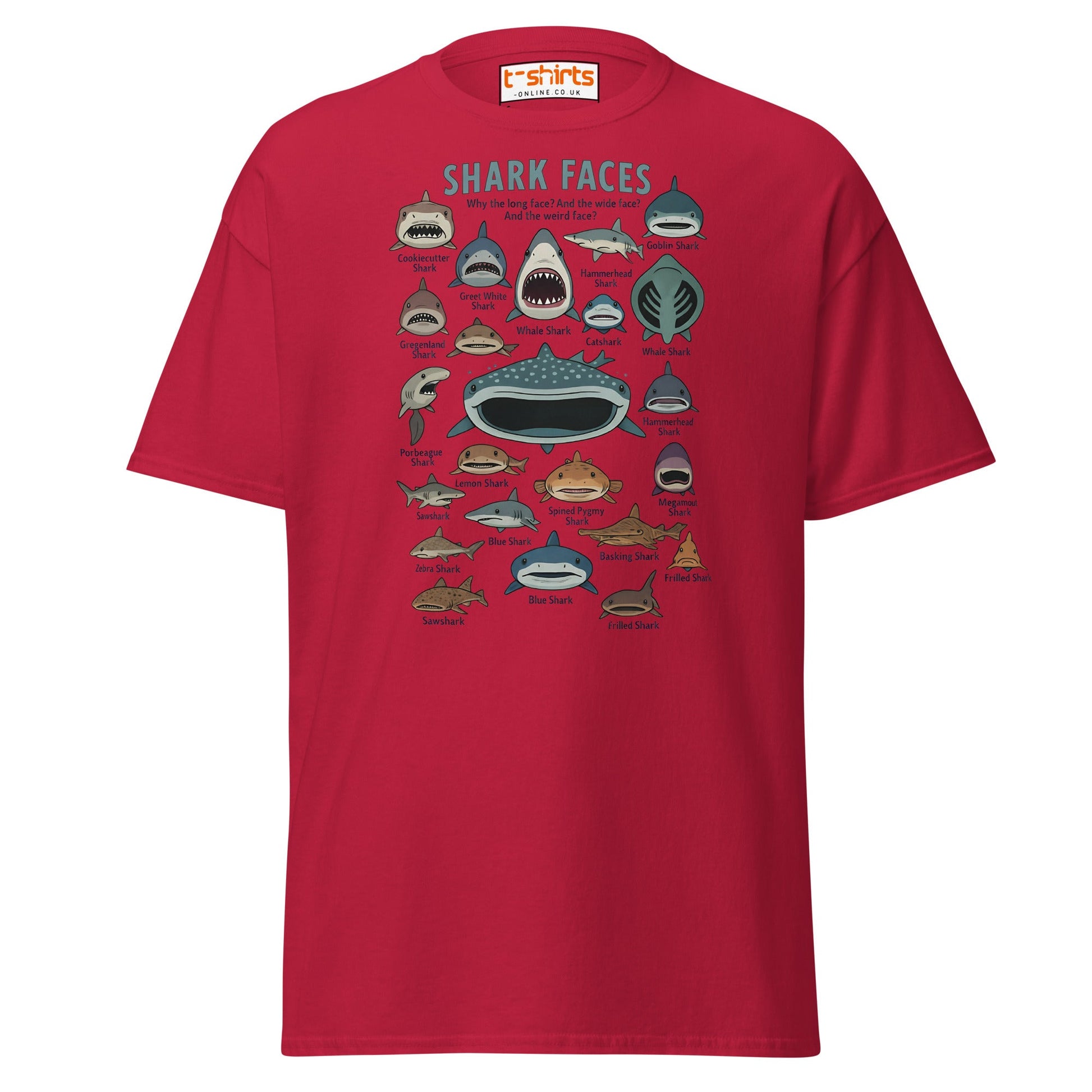 Shark Faces T-Shirt | Funny Cartoon Ocean Tee - Cardinal - T-Shirts Online