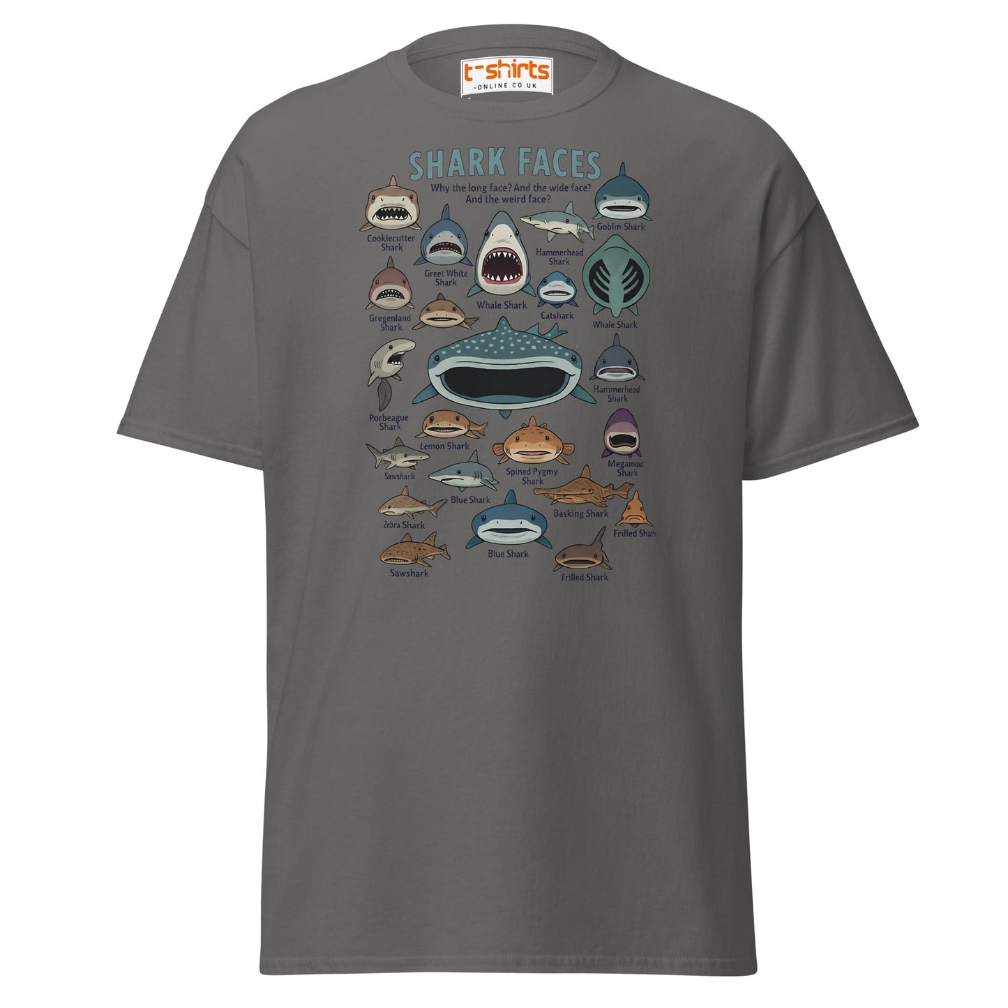 Shark Faces T-Shirt | Funny Cartoon Ocean Tee - Charcoal - T-Shirts Online