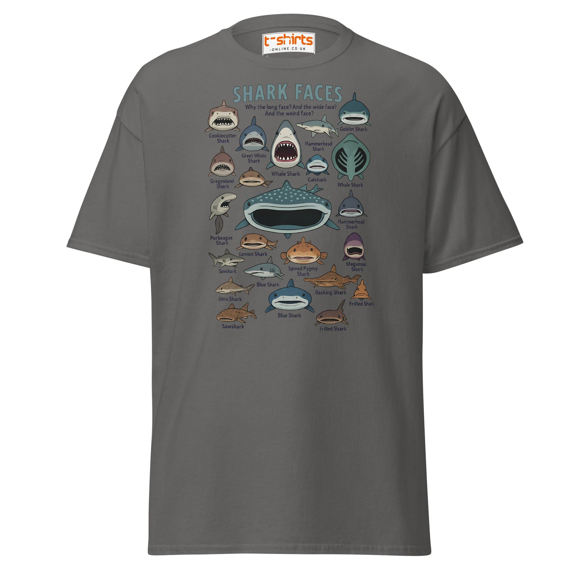 Shark Faces T-Shirt | Funny Cartoon Ocean Tee - Charcoal - T-Shirts Online