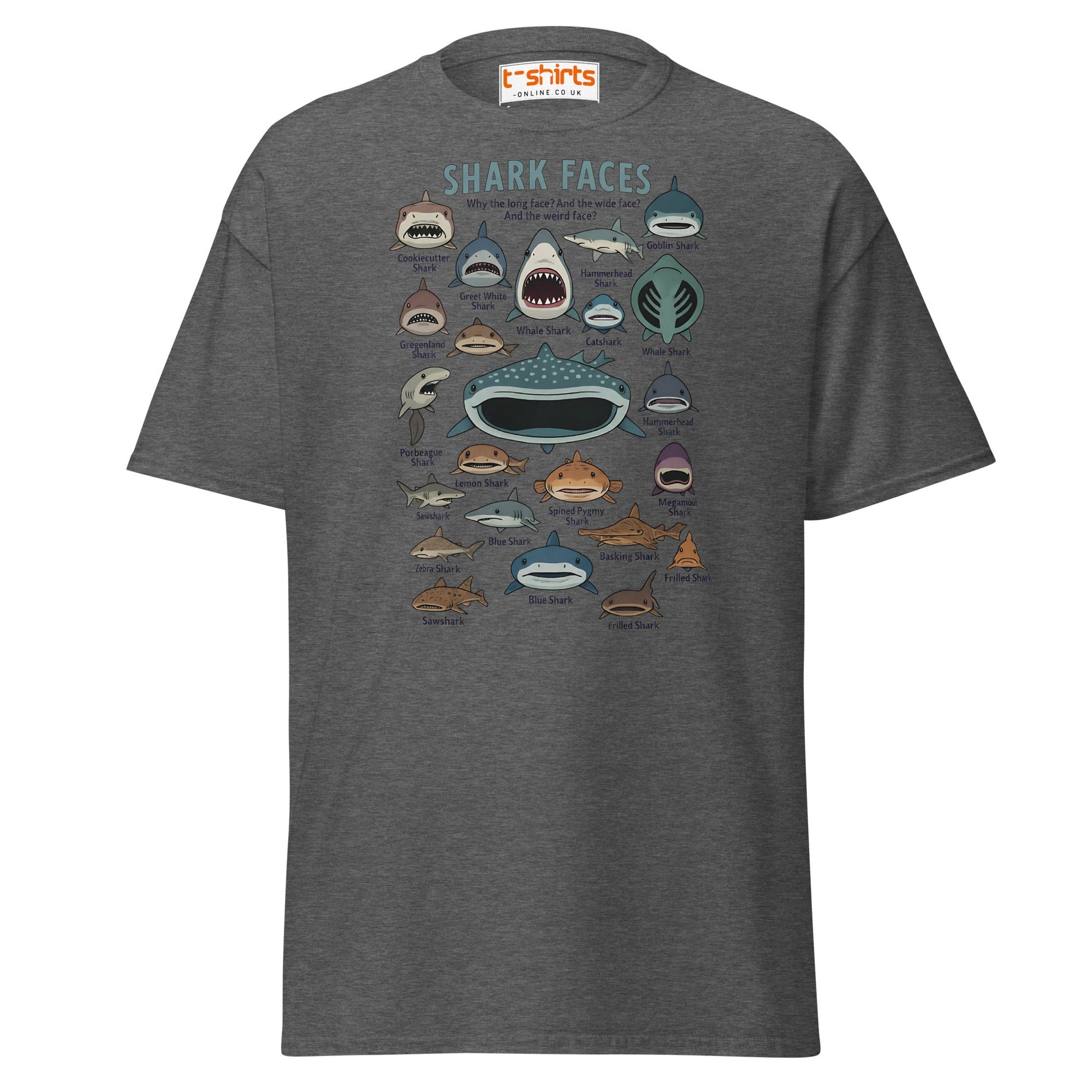 Shark Faces T-Shirt | Funny Cartoon Ocean Tee - Dark Heather - T-Shirts Online