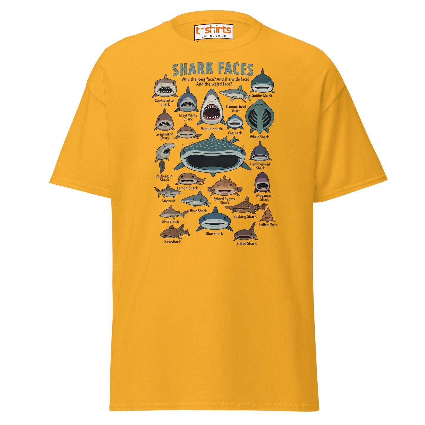 Shark Faces T-Shirt | Funny Cartoon Ocean Tee - Gold - T-Shirts Online