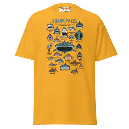 Shark Faces T-Shirt | Funny Cartoon Ocean Tee - Gold - T-Shirts Online
