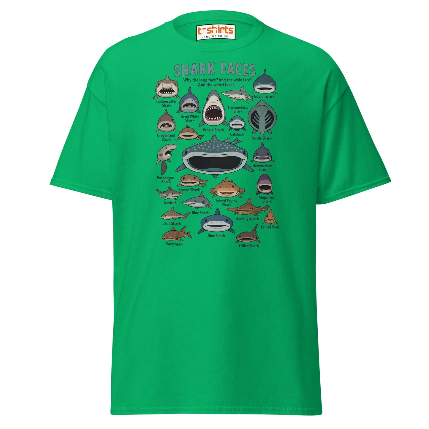 Shark Faces T-Shirt | Funny Cartoon Ocean Tee - Irish Green - T-Shirts Online