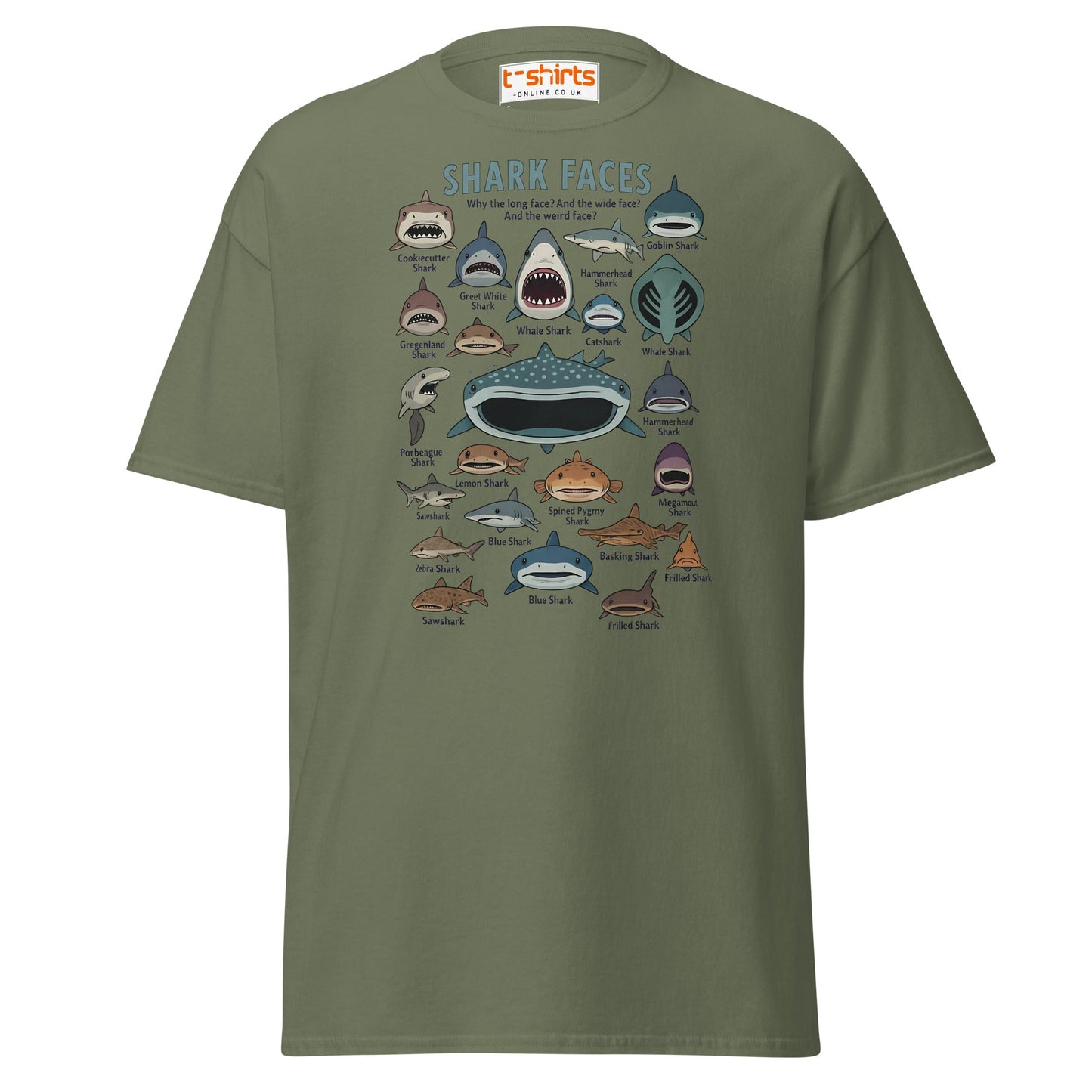 Shark Faces T-Shirt | Funny Cartoon Ocean Tee - Military Green - T-Shirts Online