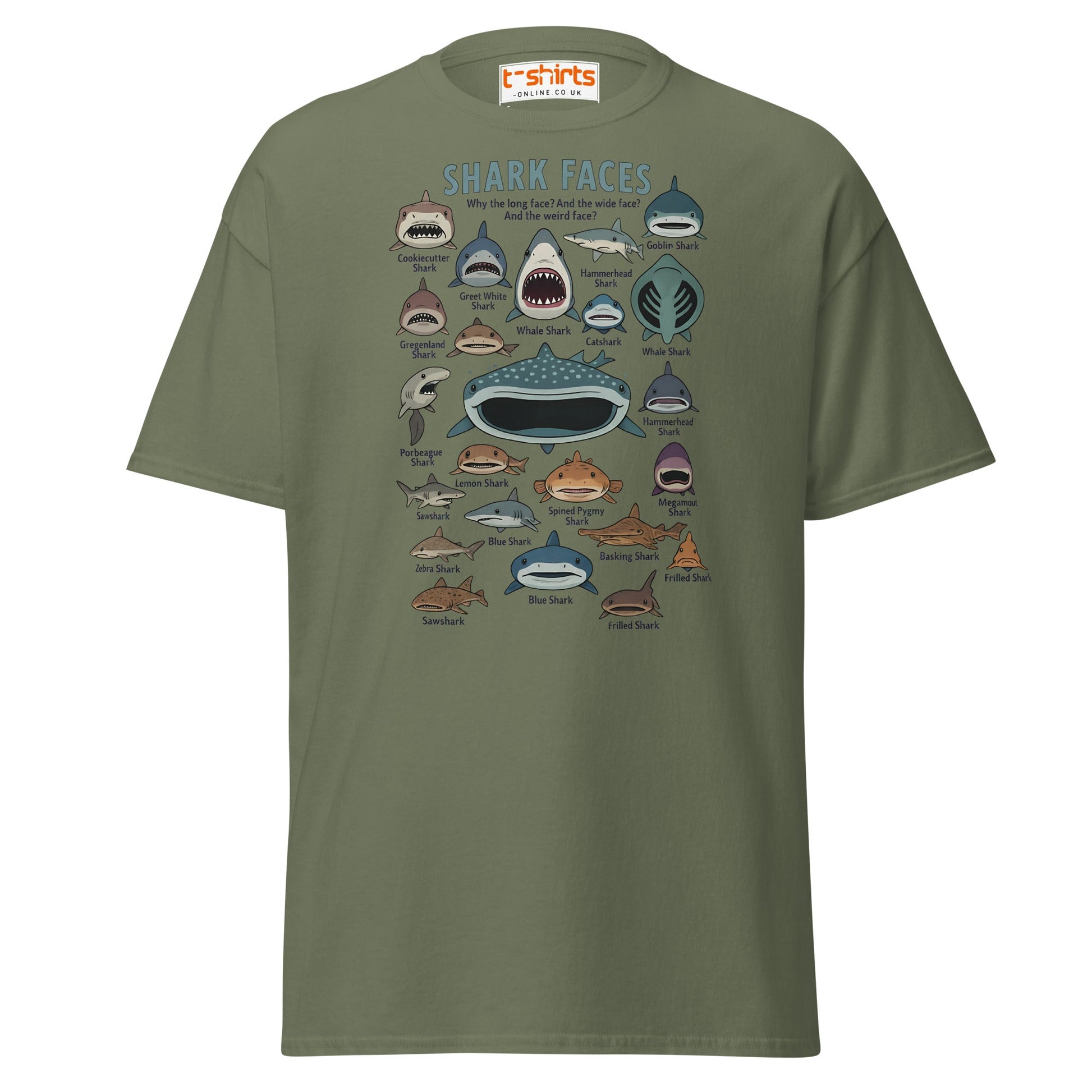 Shark Faces T-Shirt | Funny Cartoon Ocean Tee - Military Green - T-Shirts Online