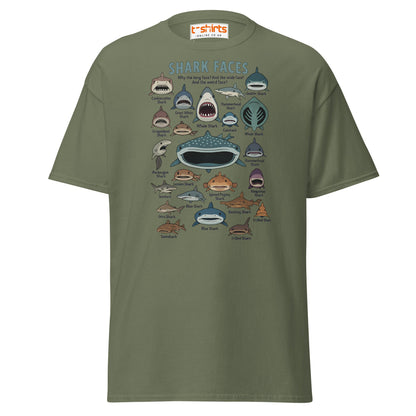 Shark Faces T-Shirt | Funny Cartoon Ocean Tee - Military Green - T-Shirts Online