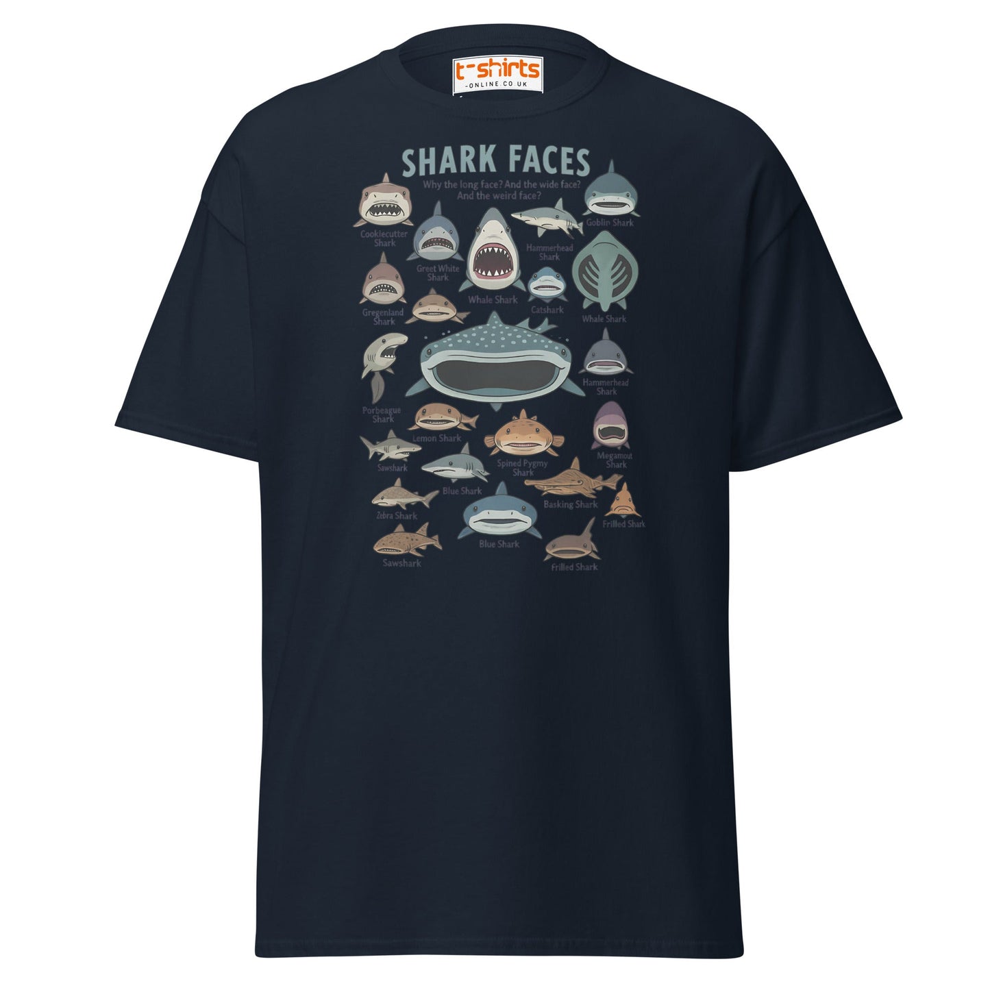 Shark Faces T-Shirt | Funny Cartoon Ocean Tee - Navy - T-Shirts Online