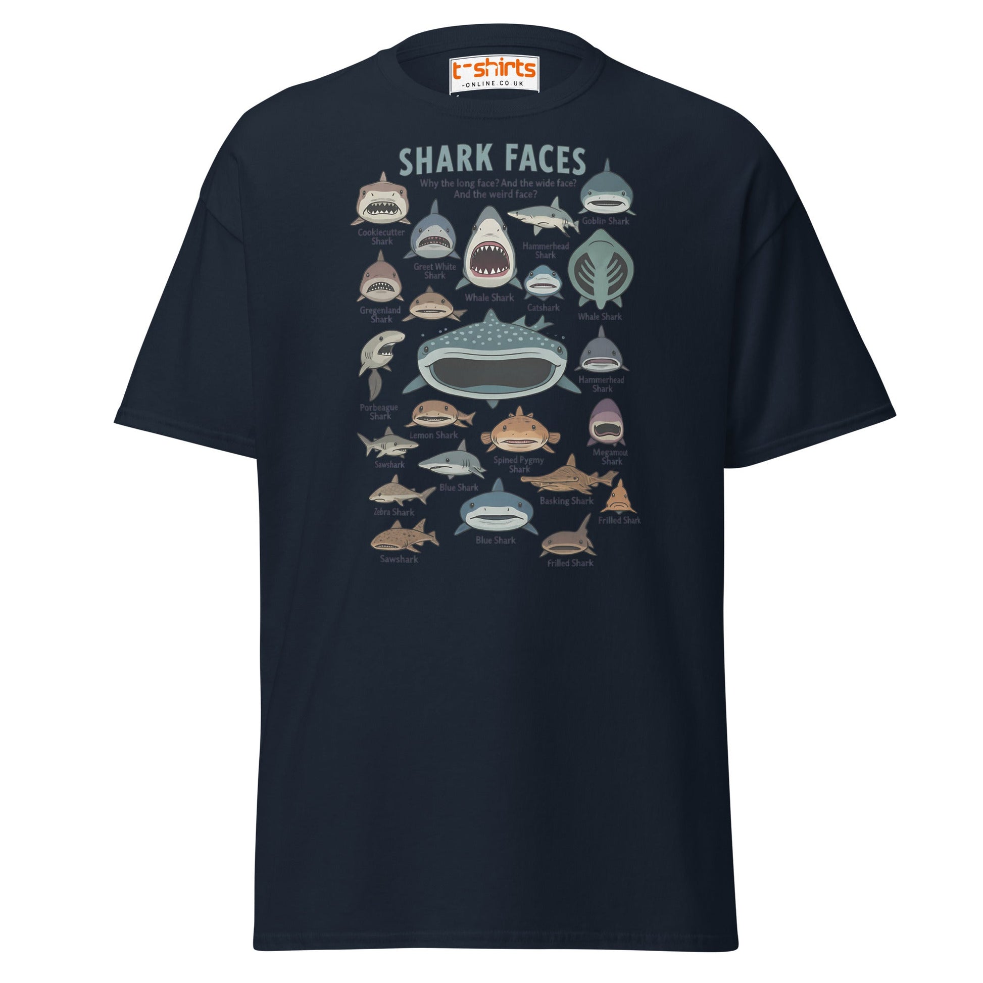 Shark Faces T-Shirt | Funny Cartoon Ocean Tee - Navy - T-Shirts Online