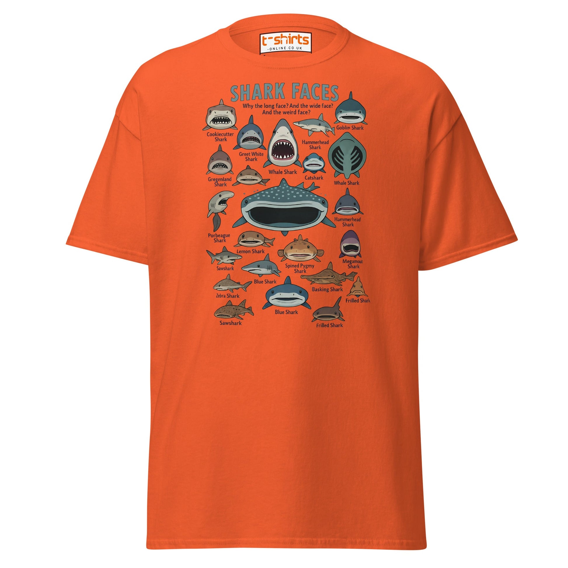 Shark Faces T-Shirt | Funny Cartoon Ocean Tee - Orange - T-Shirts Online
