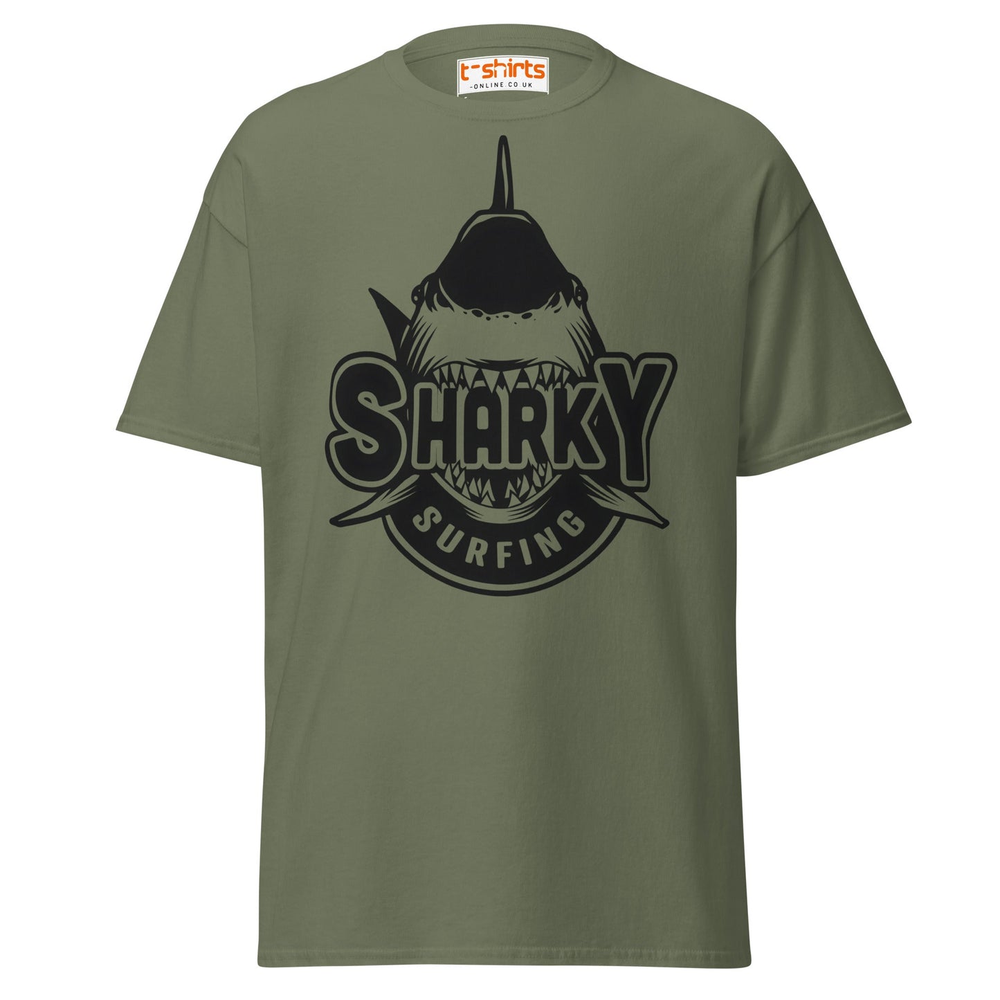 Sharky Surfing T-Shirt – Cool Ocean Adventure Tee - Military Green - T-Shirts Online