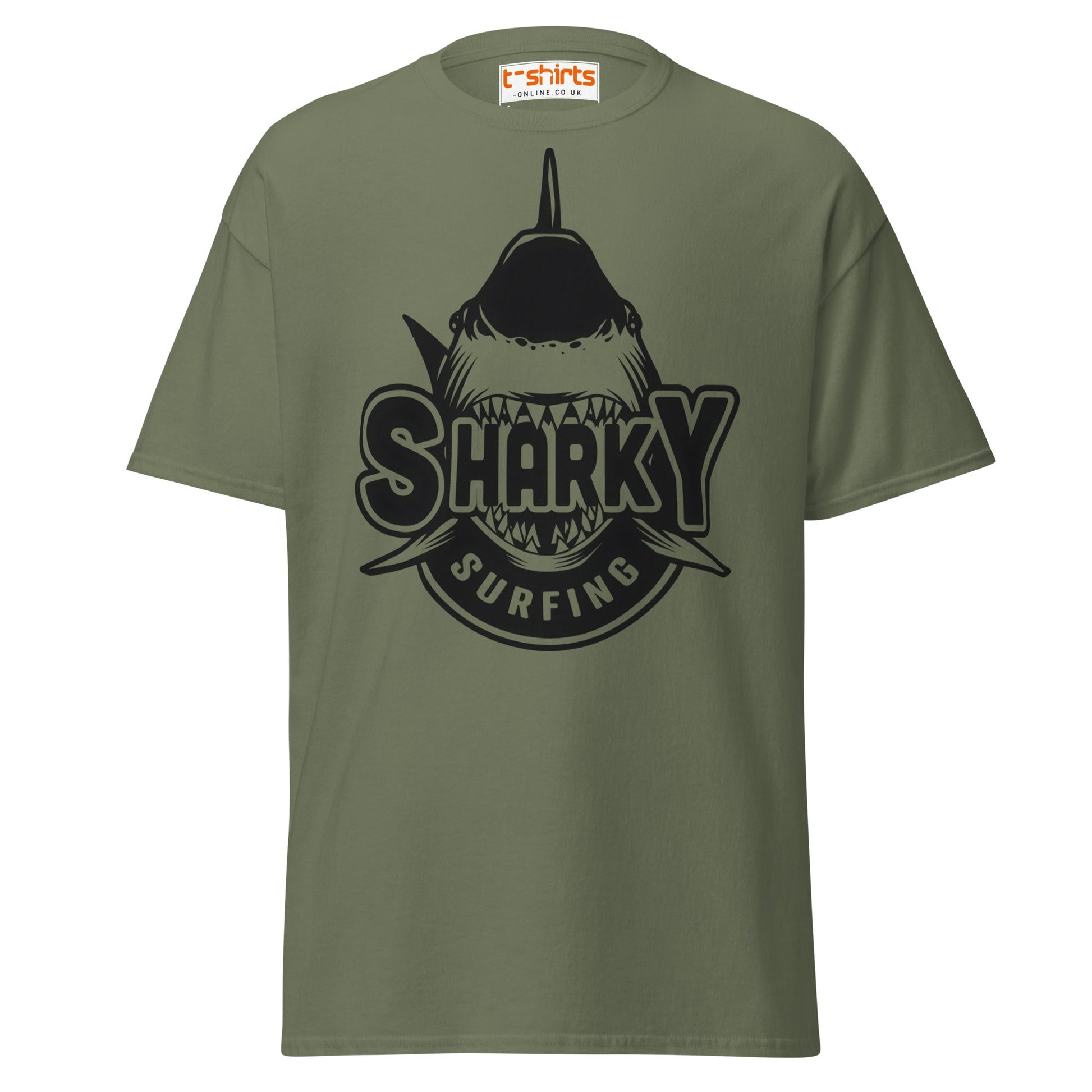 Sharky Surfing T-Shirt – Cool Ocean Adventure Tee - Military Green - T-Shirts Online