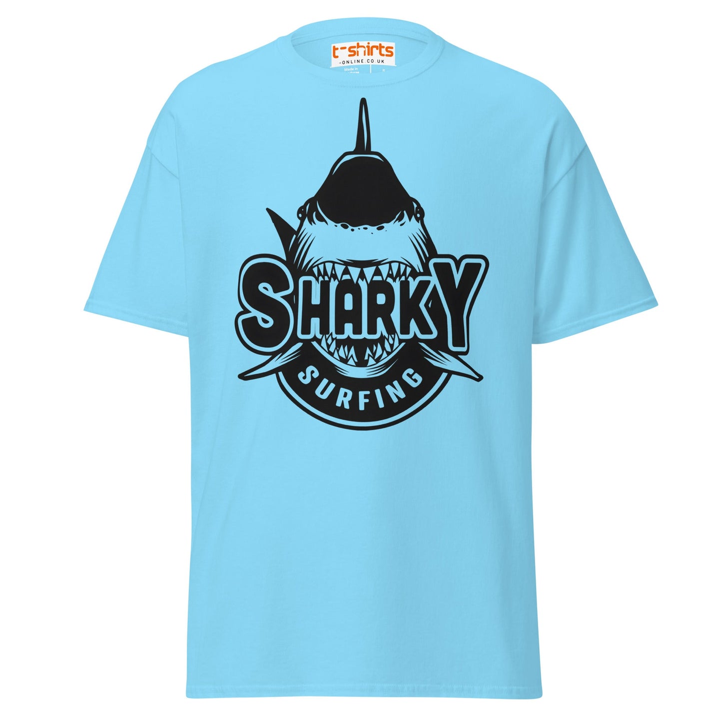 Sharky Surfing T-Shirt – Cool Ocean Adventure Tee - Sky - T-Shirts Online