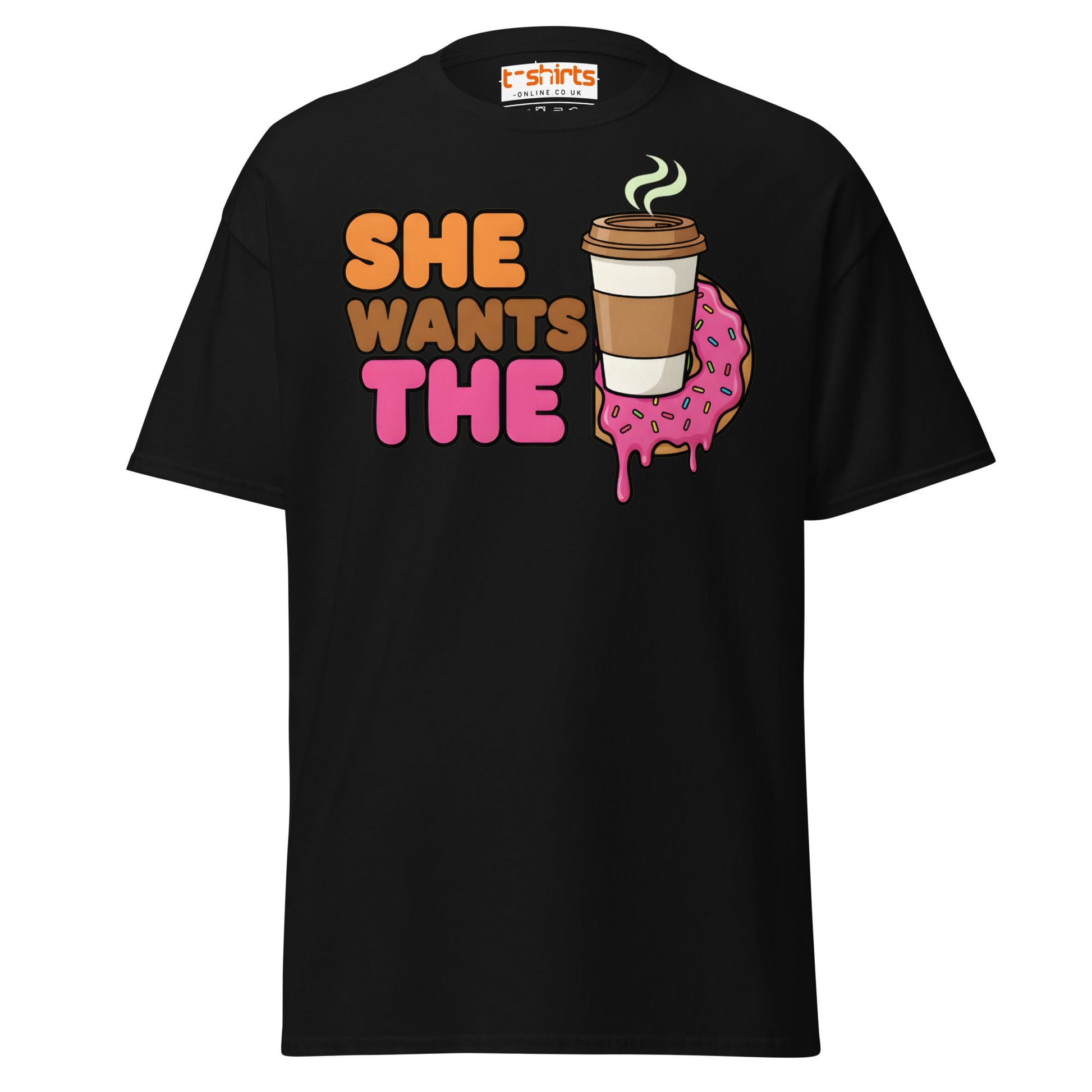 She Wants The D T-Shirt | Funny Coffee & Donut Pun - Black - T-Shirts Online