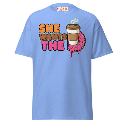 She Wants The D T-Shirt | Funny Coffee & Donut Pun - Carolina Blue - T-Shirts Online