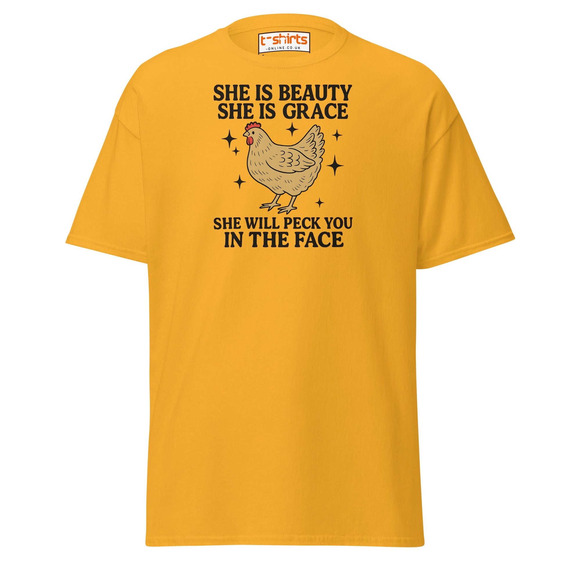 She Will Peck You T-Shirt – Funny Chicken Humor Tee - Gold - T-Shirts Online
