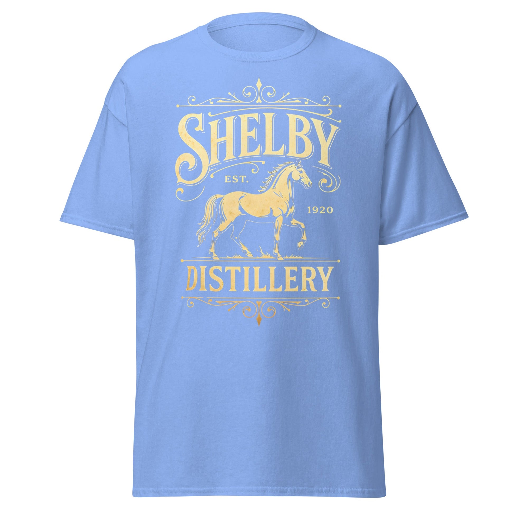 Shelby Distillery T-Shirt - Vintage 1920 Bourbon Style Tee - Carolina Blue - T-Shirts Online