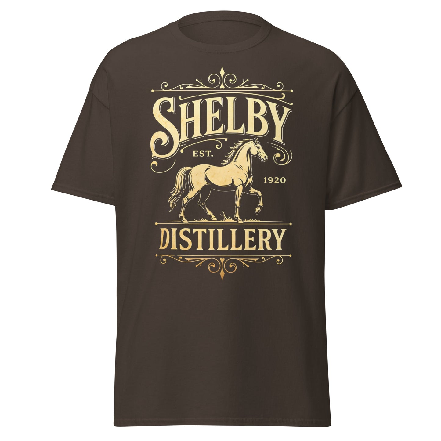 Shelby Distillery T-Shirt - Vintage 1920 Bourbon Style Tee - Dark Chocolate - T-Shirts Online
