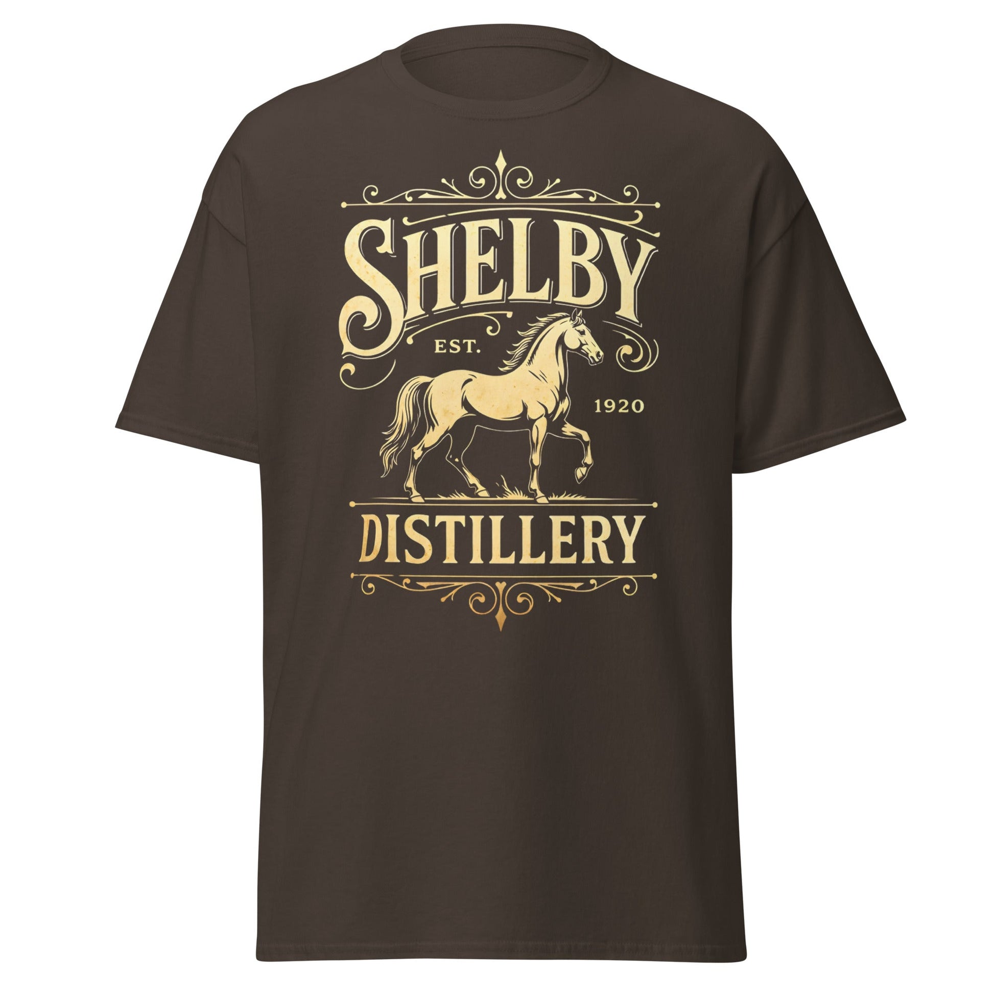 Shelby Distillery T-Shirt - Vintage 1920 Bourbon Style Tee - Dark Chocolate - T-Shirts Online