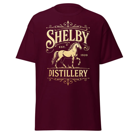 Shelby Distillery T-Shirt - Vintage 1920 Bourbon Style Tee - Maroon - T-Shirts Online