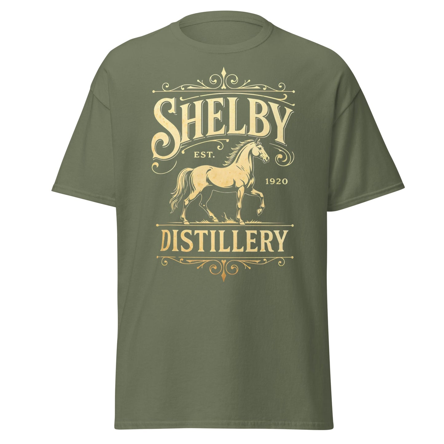 Shelby Distillery T-Shirt - Vintage 1920 Bourbon Style Tee - Military Green - T-Shirts Online