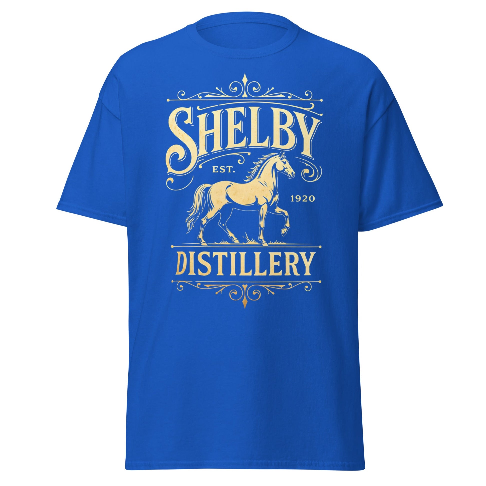 Shelby Distillery T-Shirt - Vintage 1920 Bourbon Style Tee - Royal - T-Shirts Online
