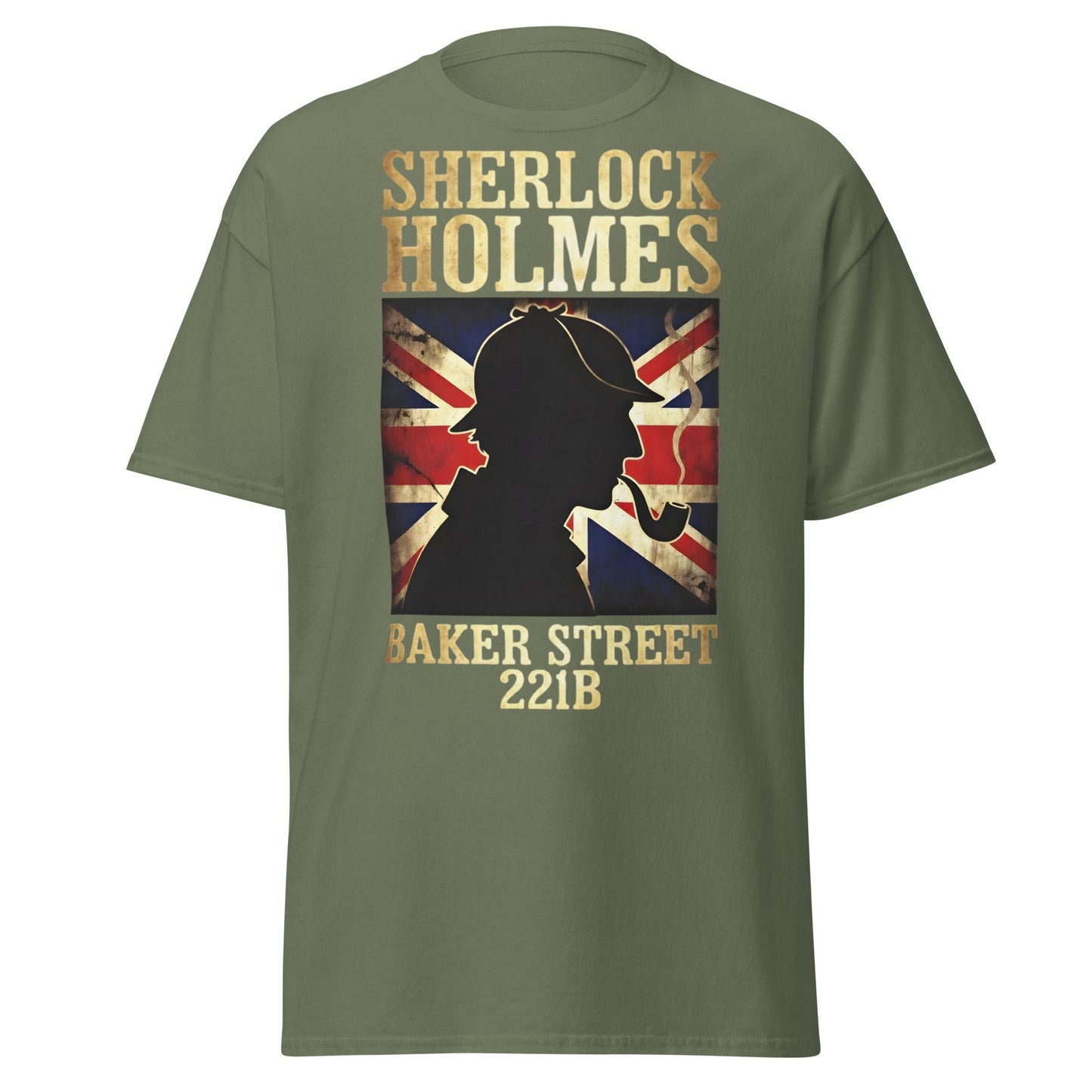 Sherlock Holmes Baker Street 221B Union Jack T-Shirt - Military Green - T-Shirts Online