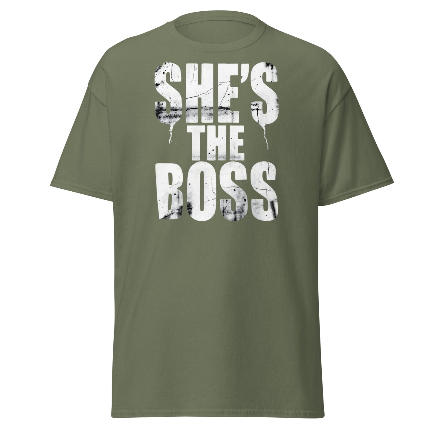 She's The Boss T-Shirt | Distressed Grungy Graphic Tee - Military Green - T-Shirts Online