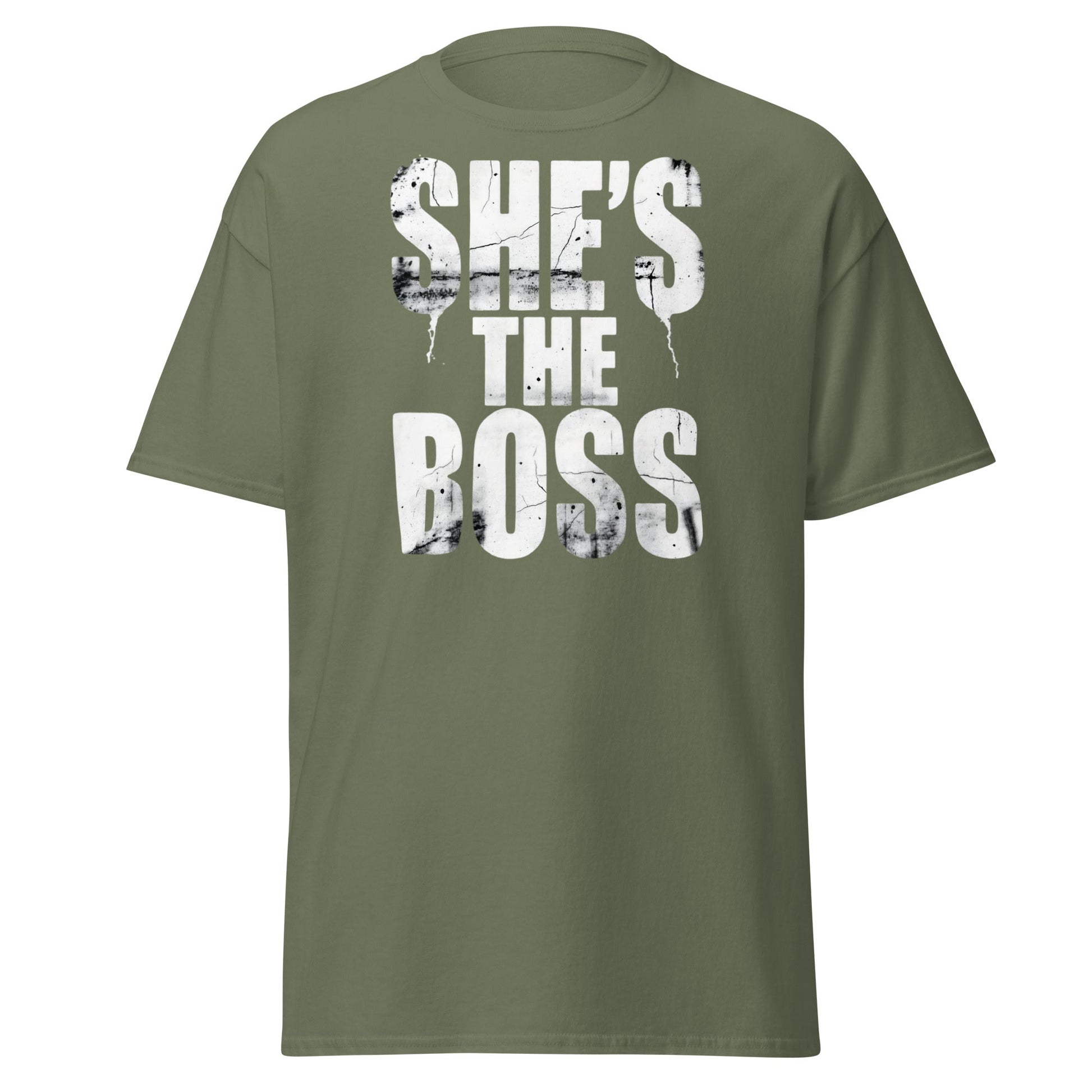 She's The Boss T-Shirt | Distressed Grungy Graphic Tee - Military Green - T-Shirts Online