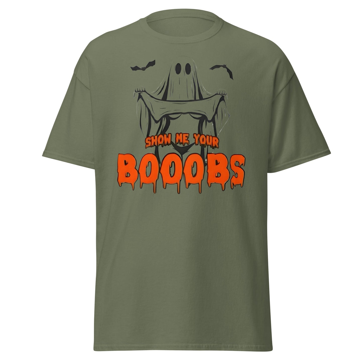Show Me Your Booobs Ghost T-Shirt | Funny Halloween Tee - Military Green - T-Shirts Online
