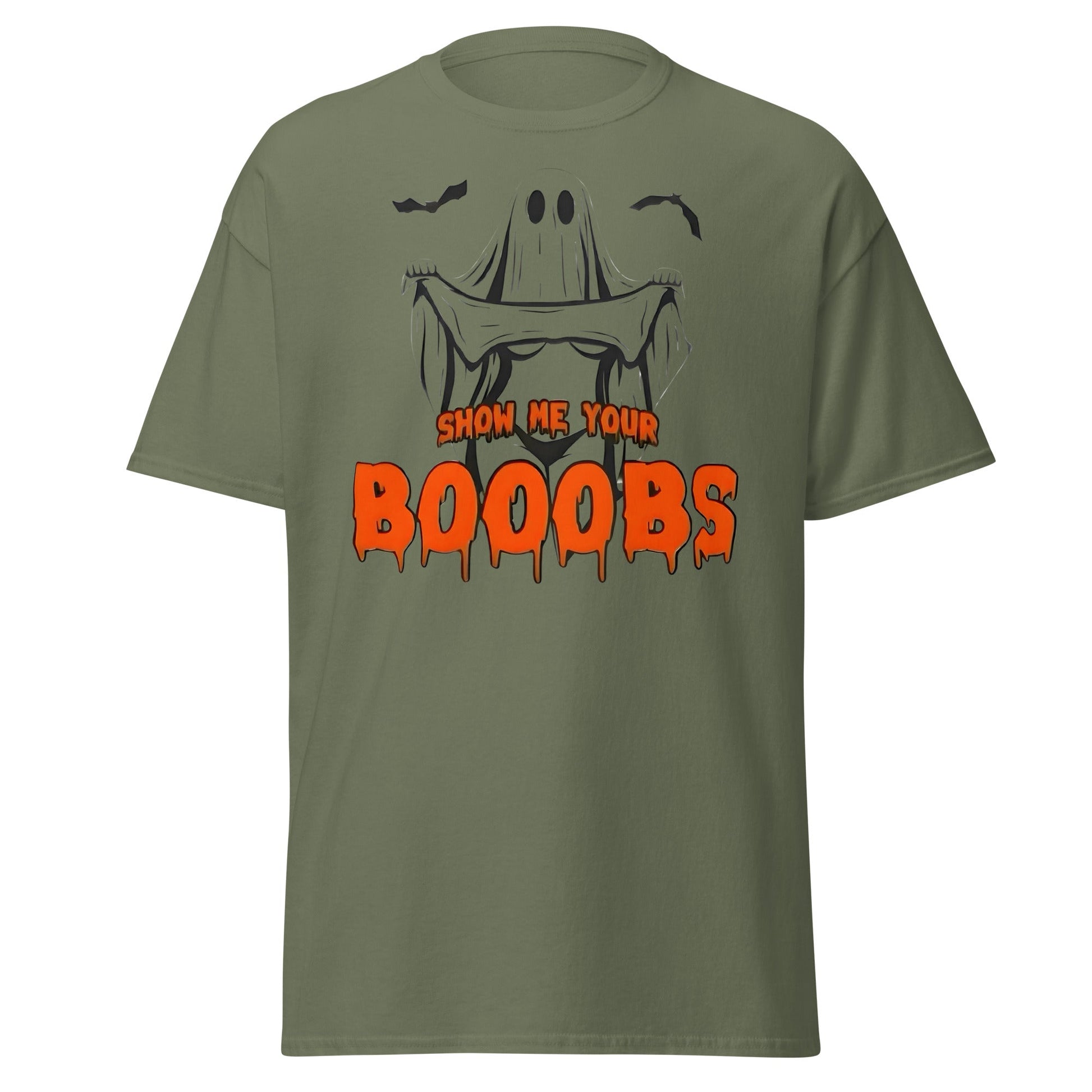 Show Me Your Booobs Ghost T-Shirt | Funny Halloween Tee - Military Green - T-Shirts Online